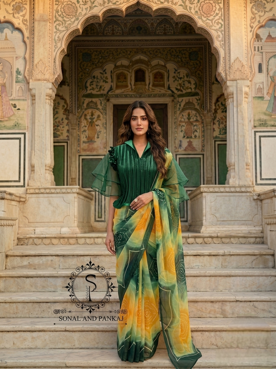 Pleated Petal Stretchable Top With Green & Yellow Bandhani Print Saree - SA01703