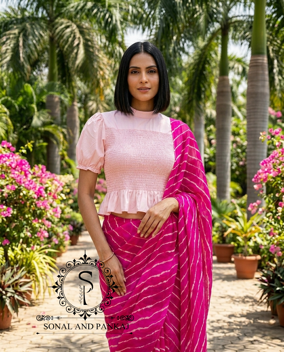 Baby Pink Smocking Top & Shaded Pink Leheriya Saree - SA01711