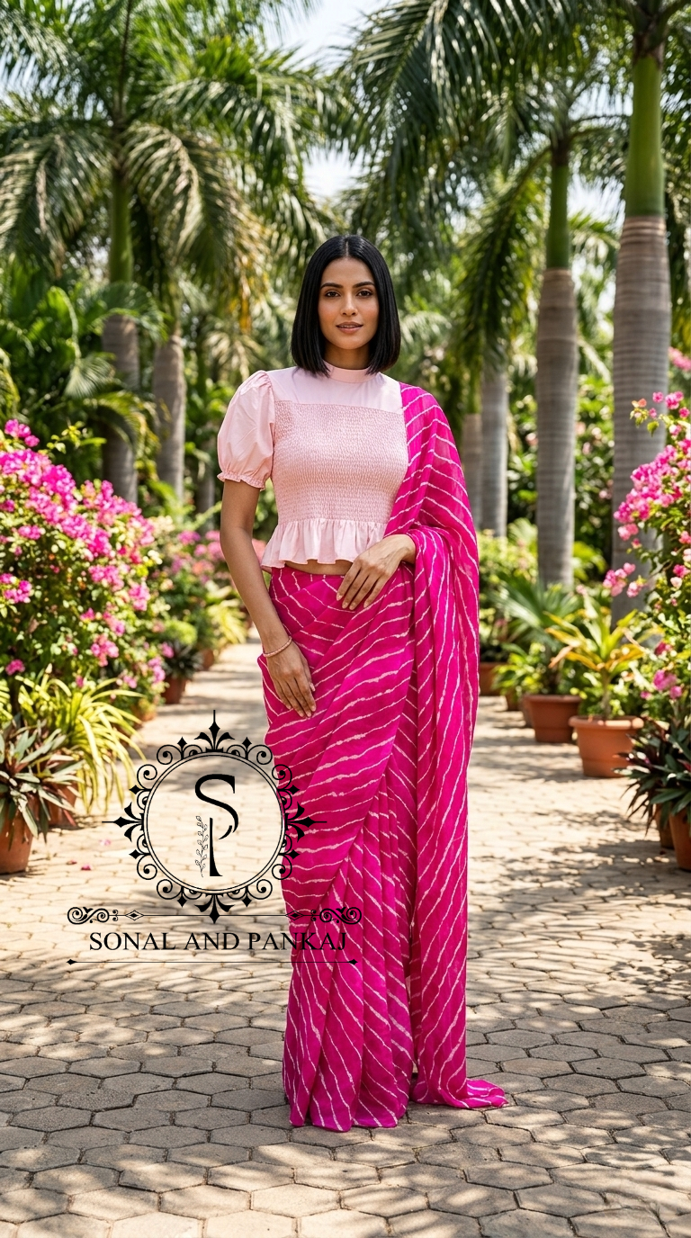 Baby Pink Smocking Top & Shaded Pink Leheriya Saree - SA01711
