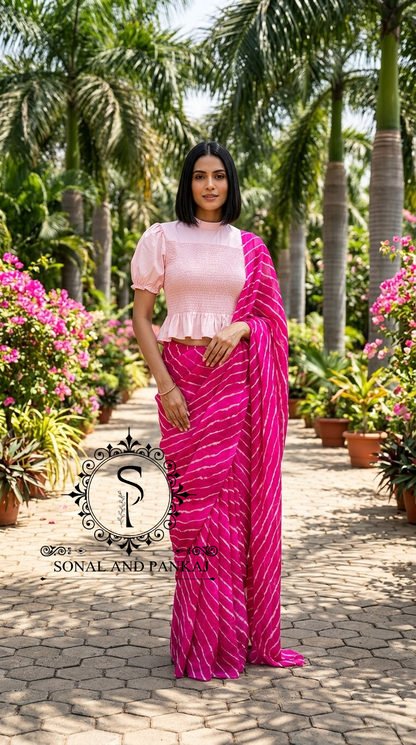 Baby Pink Smocking Top & Shaded Pink Leheriya Saree On Sale - SA01711