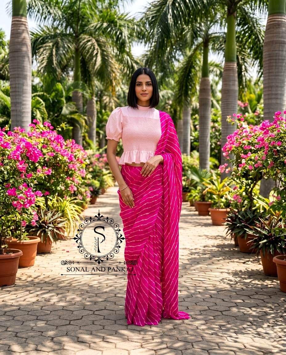 Baby Pink Smocking Top & Shaded Pink Leheriya Saree - SA01711