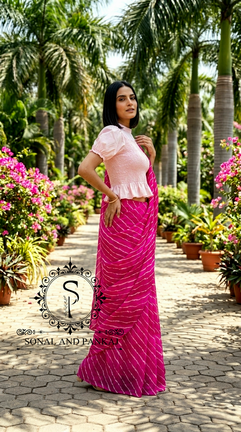 Baby Pink Smocking Top & Shaded Pink Leheriya Saree - SA01711