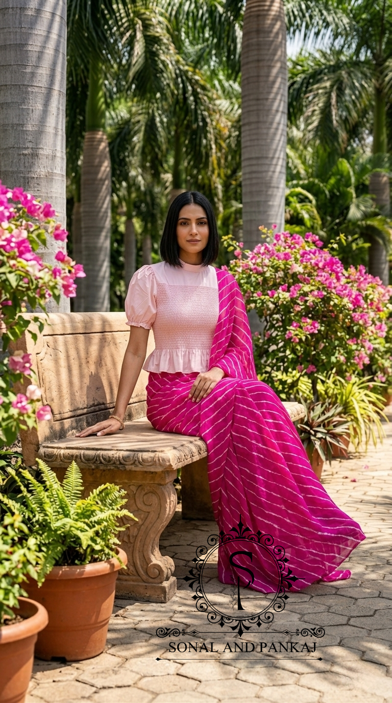 Baby Pink Smocking Top & Shaded Pink Leheriya Saree - SA01711