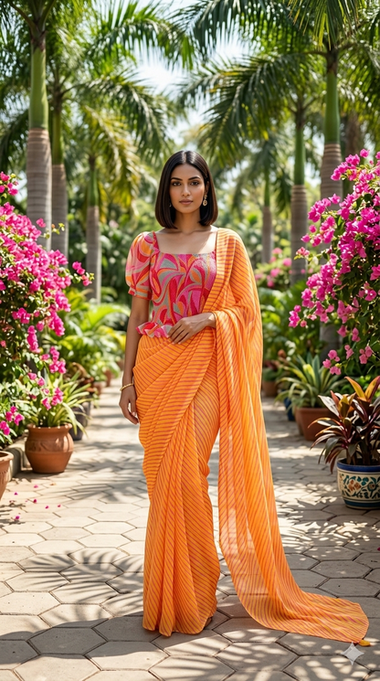 Abstract Print Smocking Top & Yellow & Pink Leheriya Saree On Sale - SA01698