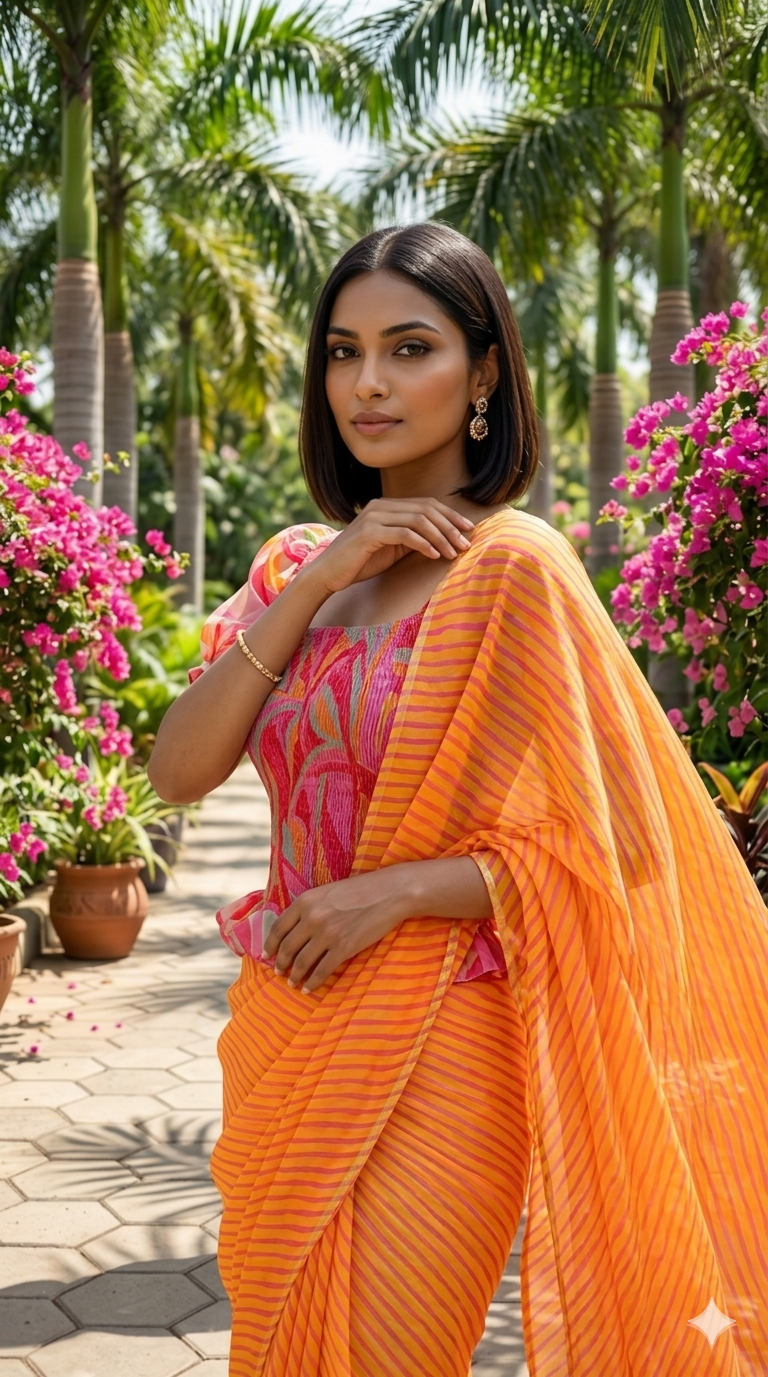 Abstract Print Smocking Top & Yellow & Pink Leheriya Saree On Sale - SA01698