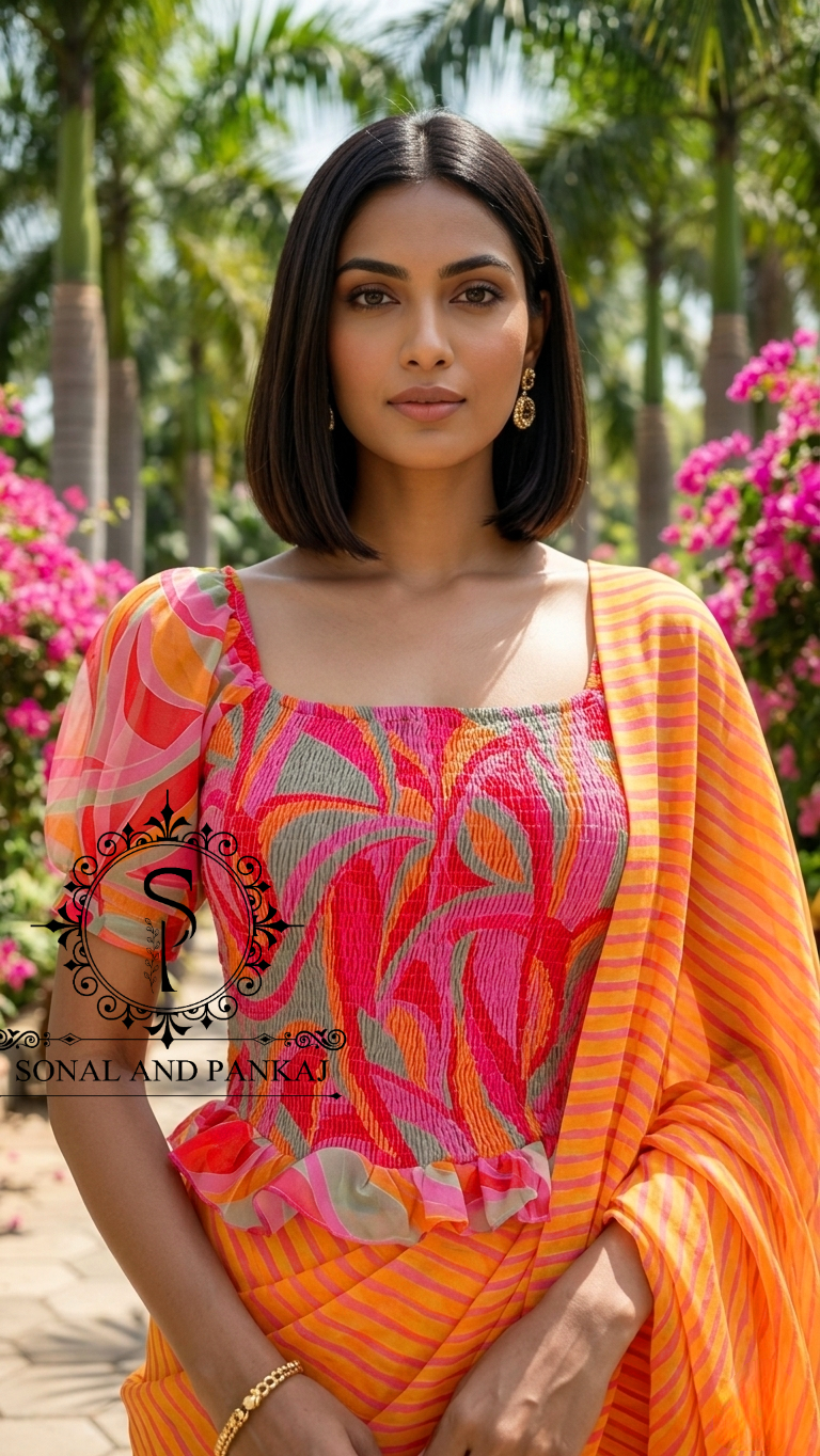 Abstract Print Smocking Top & Yellow & Pink Leheriya Saree On Sale - SA01698