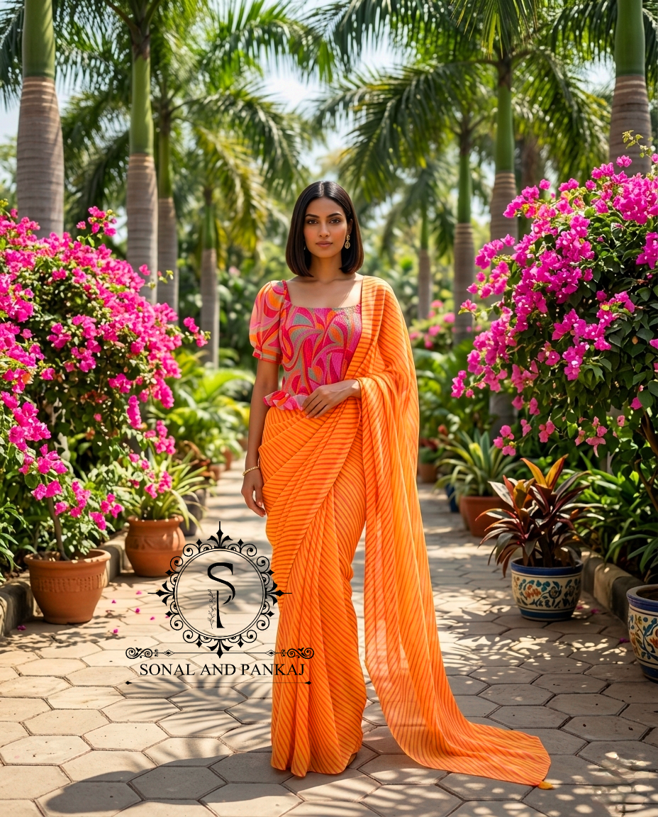 Abstract Print Smocking Top & Yellow & Pink Leheriya Saree On Sale - SA01698