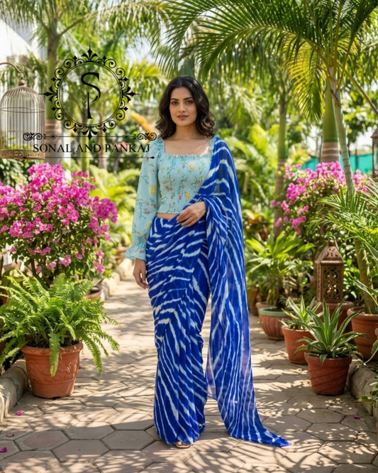 Turquoise Blue Floral Print Smocking Top & Blue Leheriya Saree On Sale - SA01667