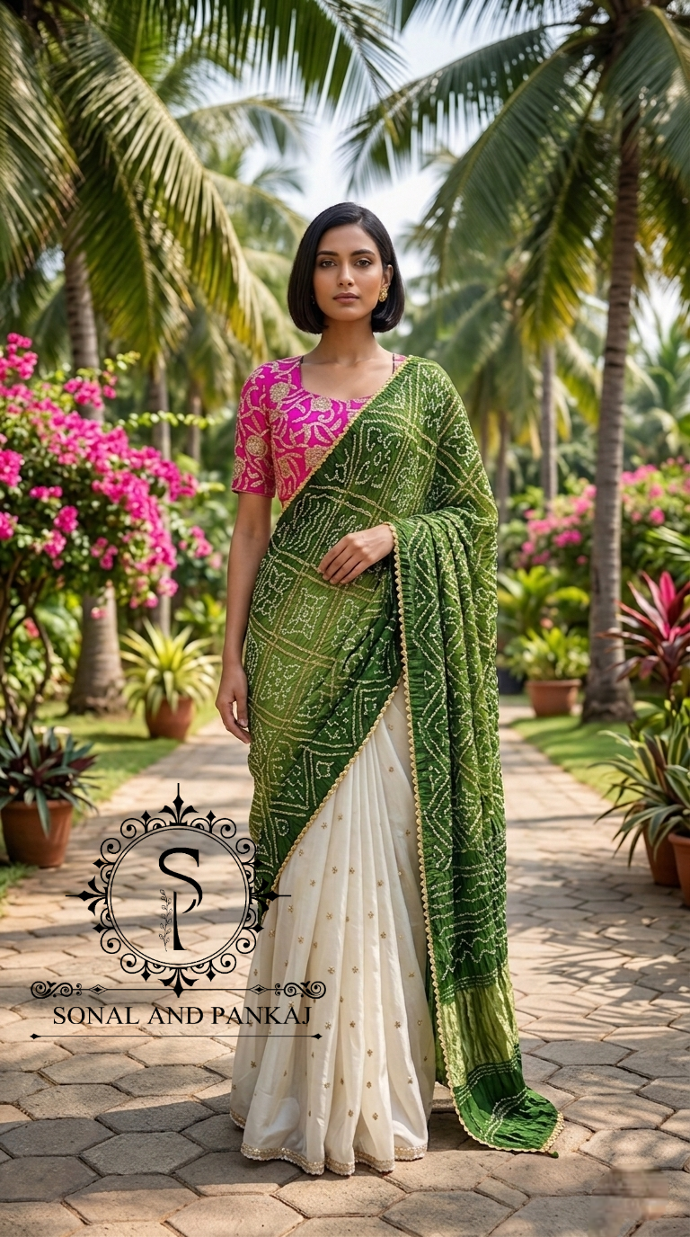 Hot Pink Embroidered Blouse & Olive Green Pre-Pleated Bandhani Palloo Saree - SA01503