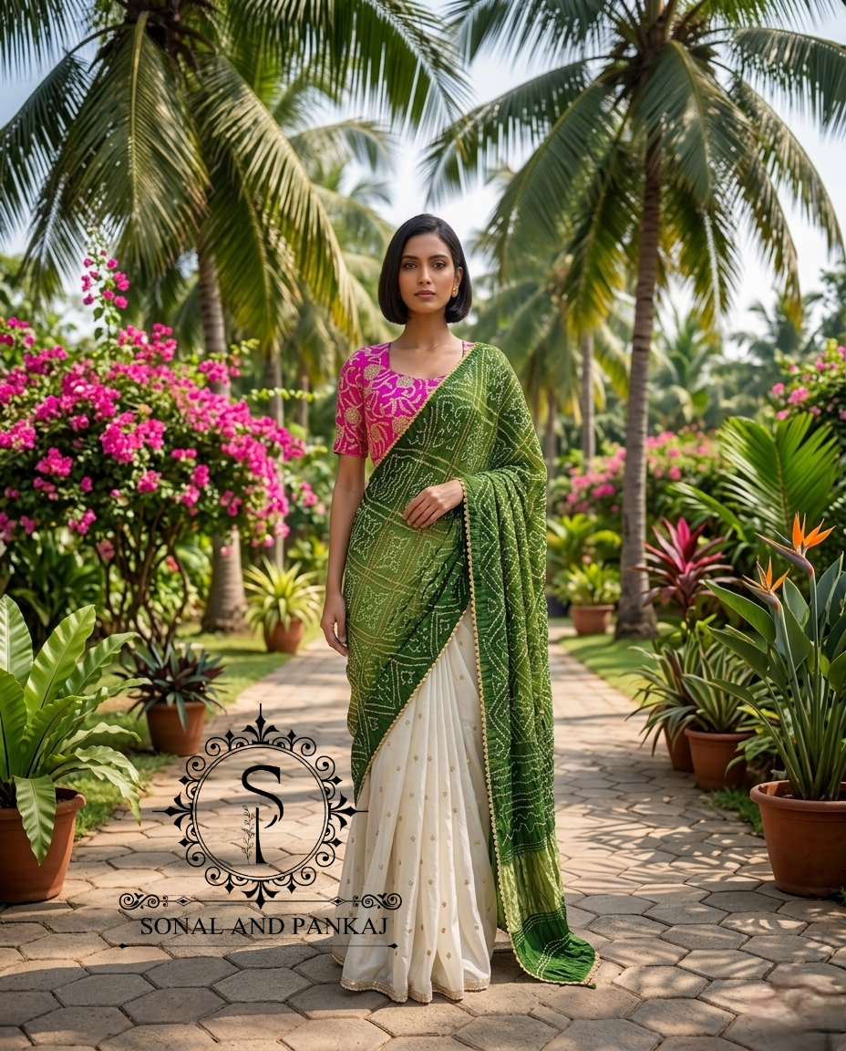 Hot Pink Embroidered Blouse & Olive Green Pre-Pleated Bandhani Palloo Saree - SA01503