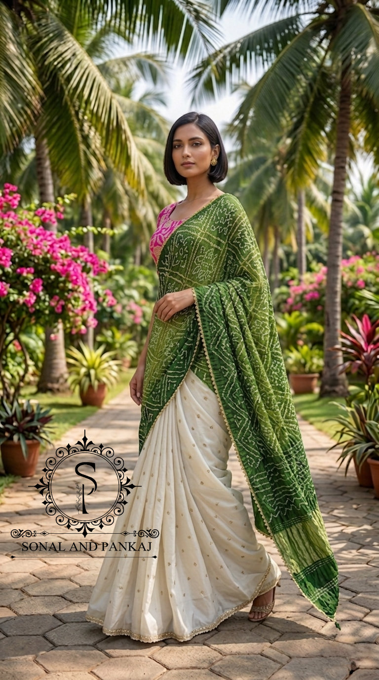 Hot Pink Embroidered Blouse & Olive Green Pre-Pleated Bandhani Palloo Saree - SA01503