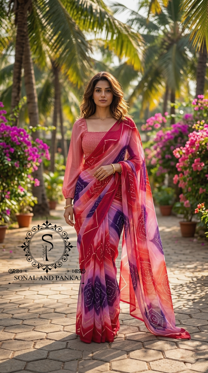 Red Checkered Print Smocking Top & Multicolor Bandhani Saree - SA01704