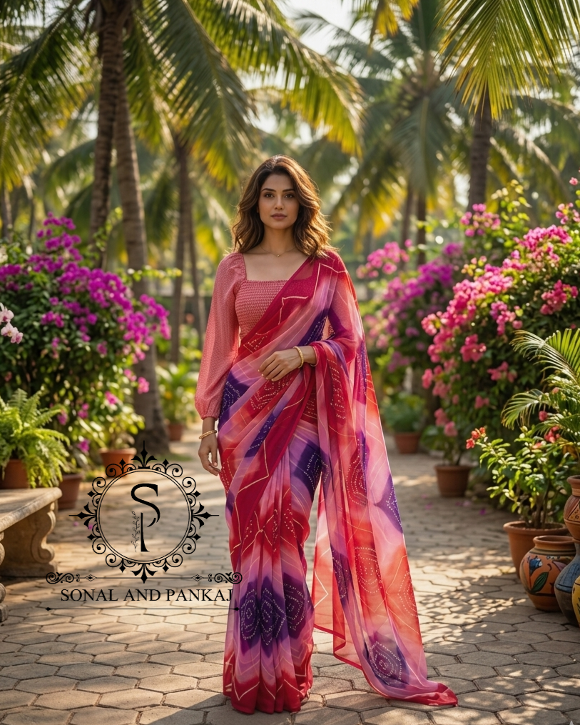 Red Checkered Print Smocking Top & Multicolor Bandhani Saree On Sale - SA01704