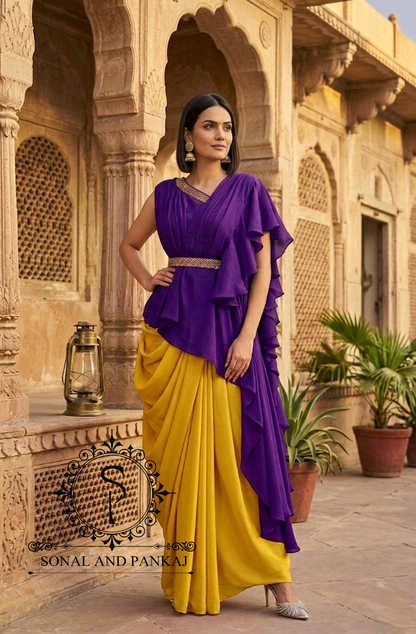 Purple-Mustard Pop-Color Cape & Cowl Set - LH01716