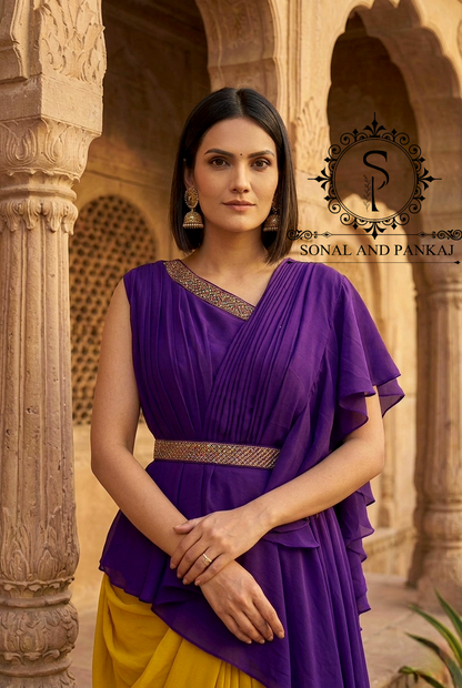 Purple-Mustard Pop-Color Cape & Cowl Set - LH01716