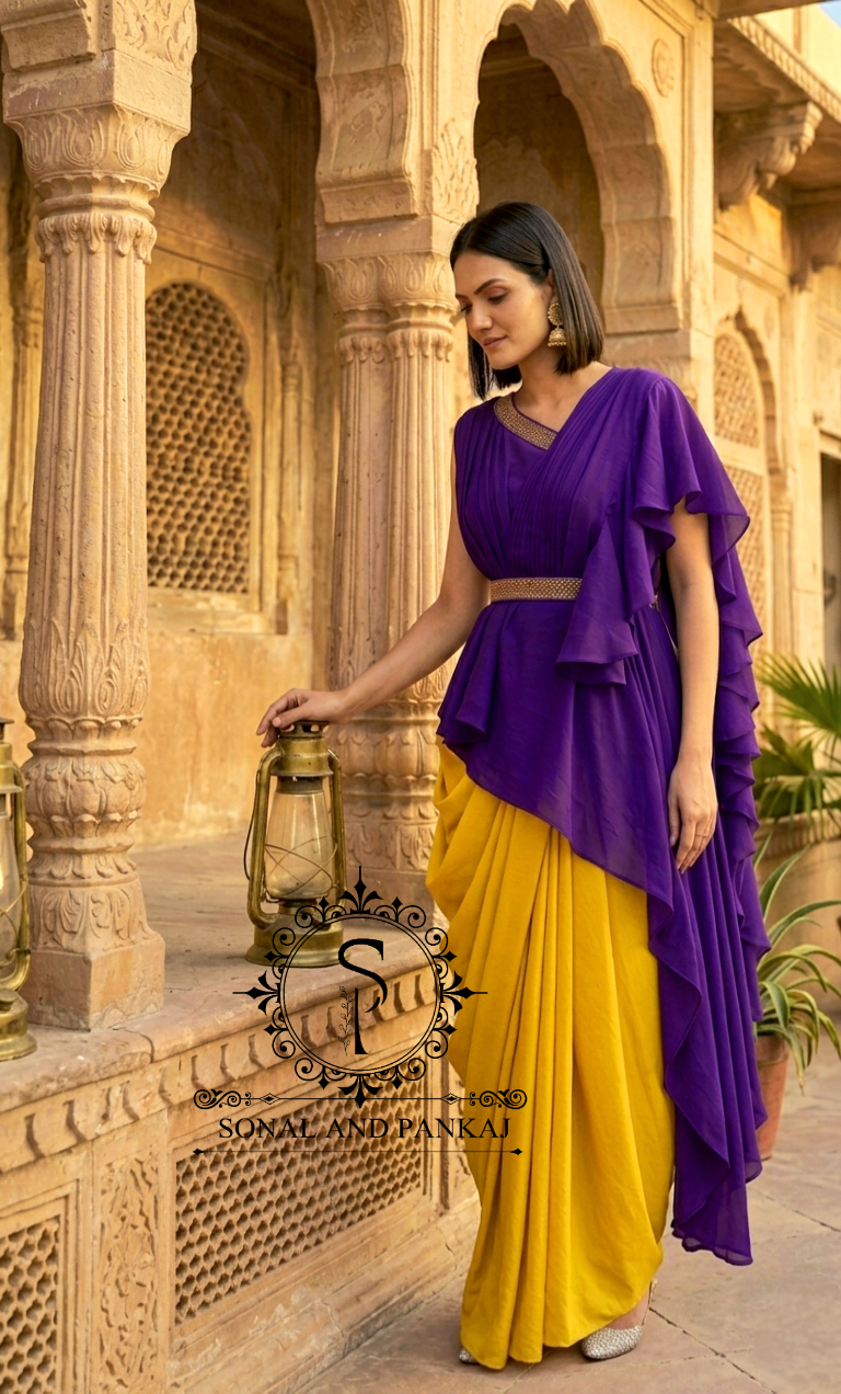 Purple-Mustard Pop-Color Cape & Cowl Set - LH01716