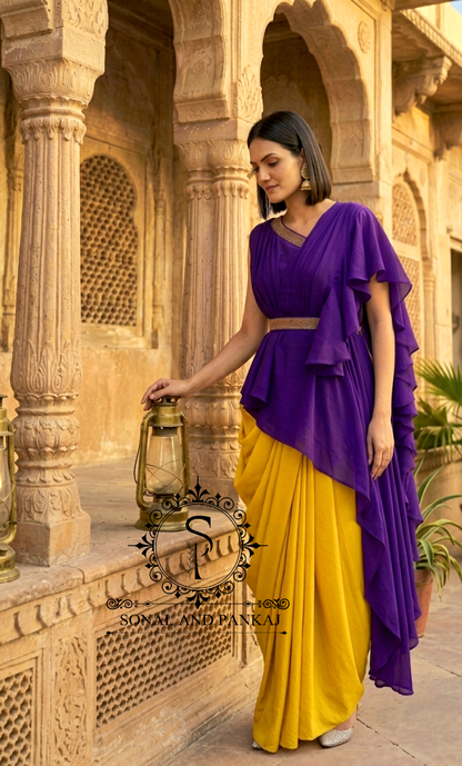 Purple-Mustard Pop-Color Cape & Cowl Set - LH01716