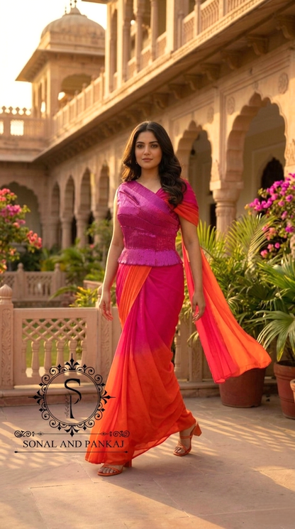 Desi Girl Vibe - Raspberry Sunset Sorbet Pre-pleated Saree - SA01714