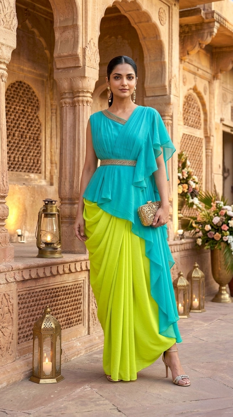 Azure-Lime Pop-Color Cape & Cowl Set - LH01717