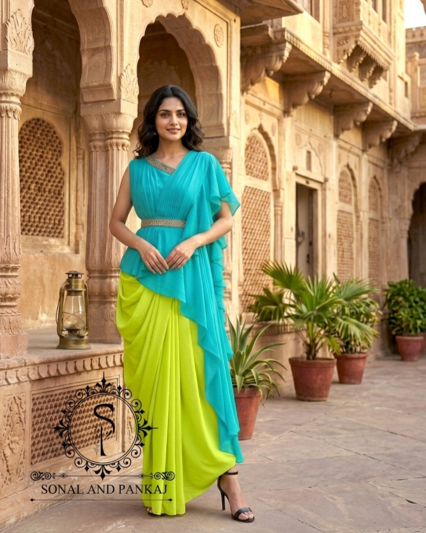 Azure-Lime Pop-Color Cape & Cowl Set - LH01717