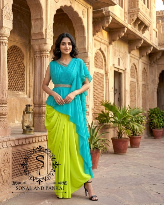Azure-Lime Pop-Color Cape & Cowl Set - LH01717