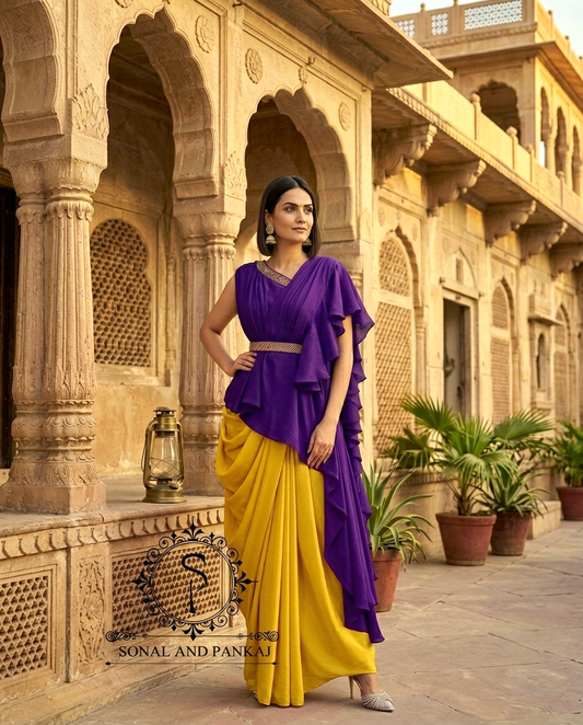 Purple-Mustard Pop-Color Cape & Cowl Set - LH01716