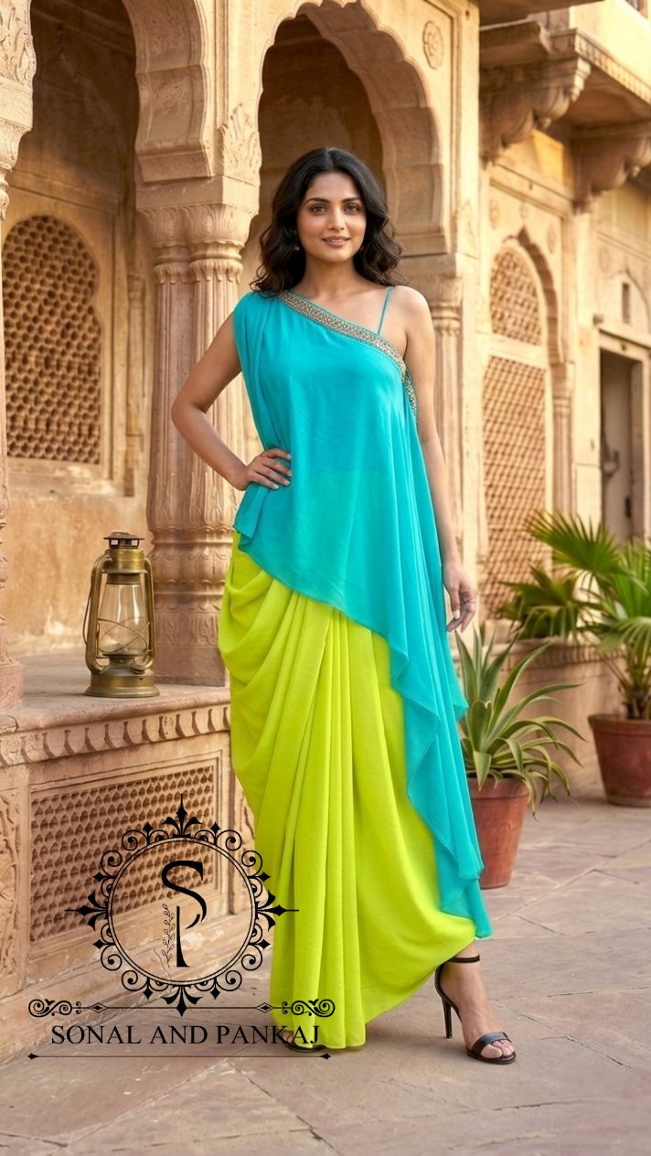 Azure-Lime Pop-Color Cape & Cowl Set - LH01717