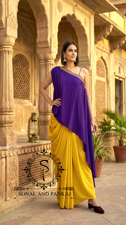 Purple-Mustard Pop-Color Cape & Cowl Set - LH01716