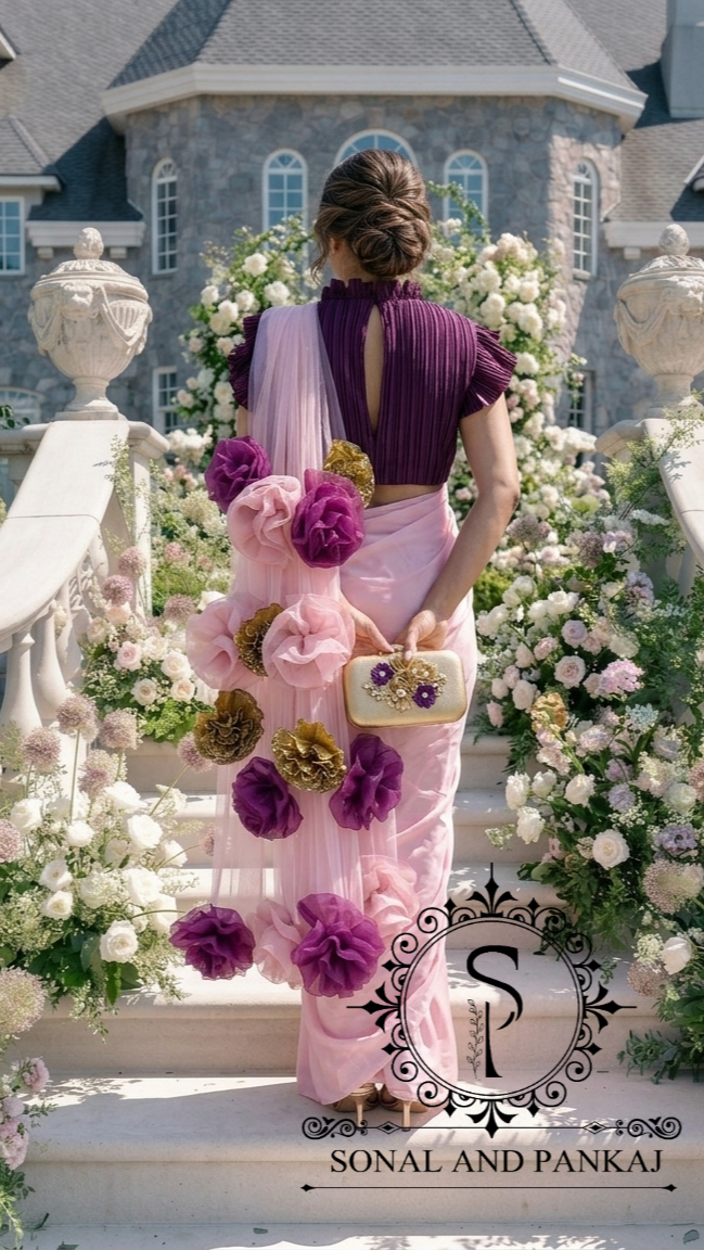 Plum Voilet Pleated Blouse With Rose Quartz Ready To Drape Saree - SA01621