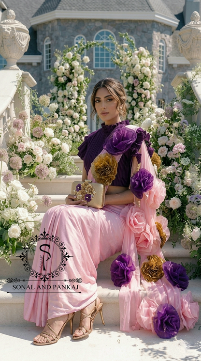 Plum Voilet Pleated Blouse With Rose Quartz Ready To Drape Saree - SA01621