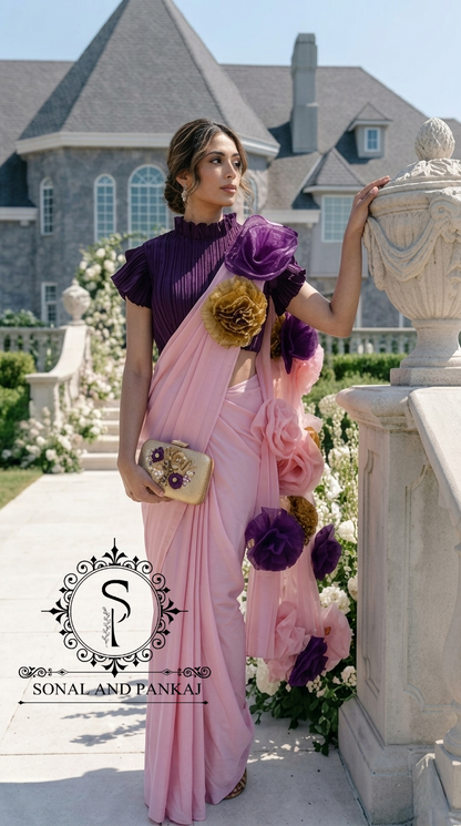 Plum Voilet Pleated Blouse With Rose Quartz Ready To Drape Saree - SA01621