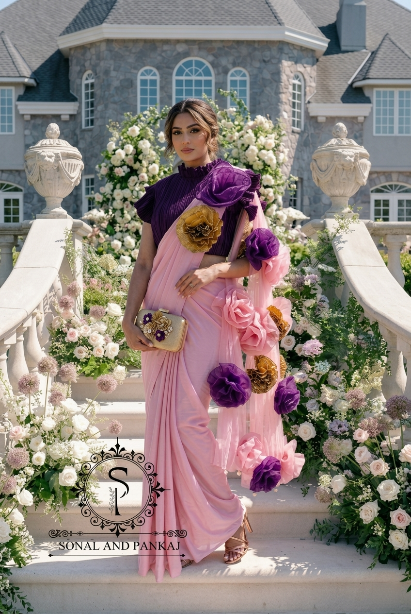 Plum Voilet Pleated Blouse With Rose Quartz Ready To Drape Saree - SA01621