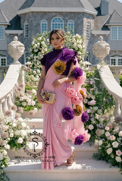 Plum Voilet Pleated Blouse With Rose Quartz Ready To Drape Saree - SA01621