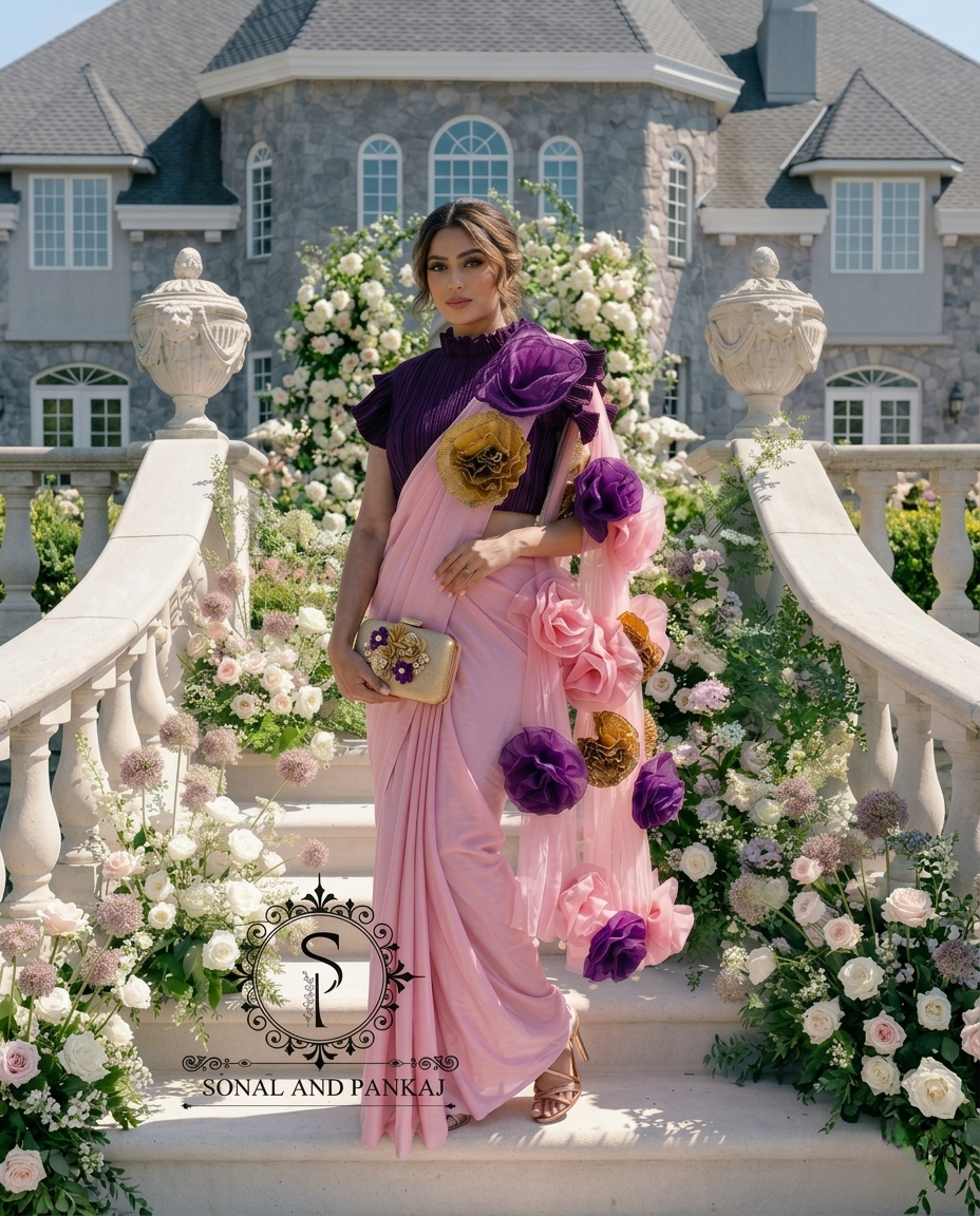 Plum Voilet Pleated Blouse With Rose Quartz Ready To Drape Saree - SA01621