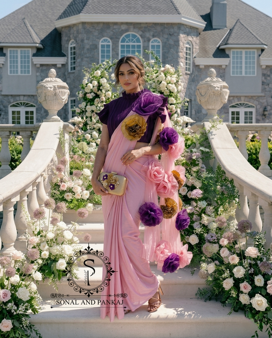 Plum Voilet Pleated Blouse With Rose Quartz Ready To Drape Saree - SA01621