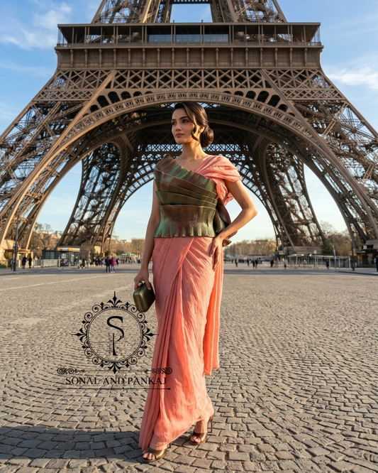 Desi Girl Vibe - Jade Kissed Peach Pre-pleated Saree - SA01720