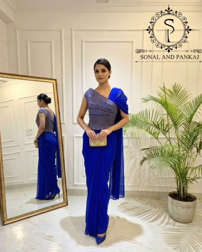 Desi Girl Vibe - Electric Royale Blue Top & Pre-pleated Saree - SA01639