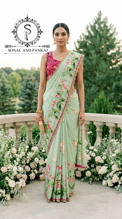 Pichwai Pandora - Patola Blouse & Pastel Green Saree - SA01721