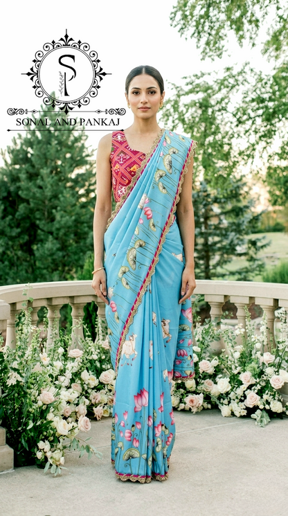 Pichwai Pandora - Patola Blouse & Turquoise Blue Saree - SA01723