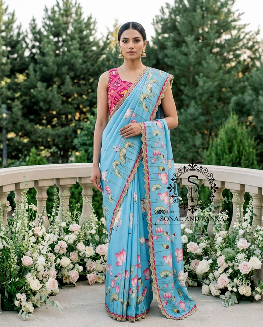 Turquoise Blue Pichwai Print Only Saree - SA01606 (Without Blouse)