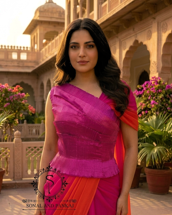 Desi Girl Vibe - Raspberry Pink Stretchable Top Only - SA01593 (Without Saree)