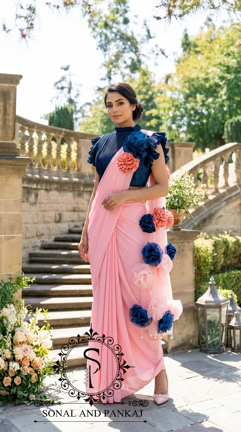 Peacock Blue Pleated Blouse With Peach Ready To Drape Saree - SA01726