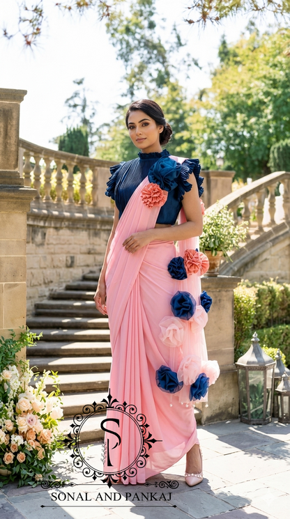 Peacock Blue Pleated Blouse With Peach Ready To Drape Saree - SA01726