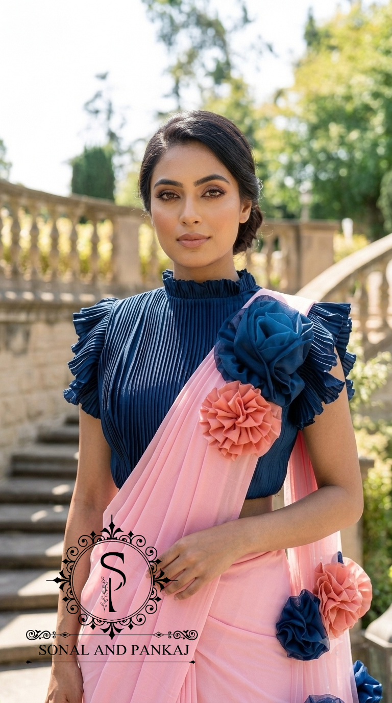 Peacock Blue Pleated Blouse With Peach Ready To Drape Saree - SA01726
