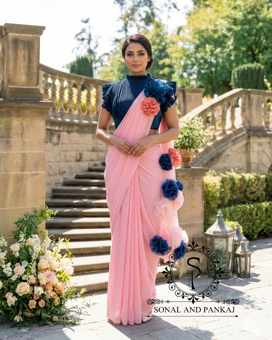Peacock Blue Pleated Blouse With Peach Ready To Drape Saree - SA01726