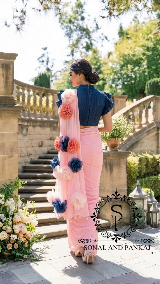 Peacock Blue Pleated Blouse With Peach Ready To Drape Saree - SA01726