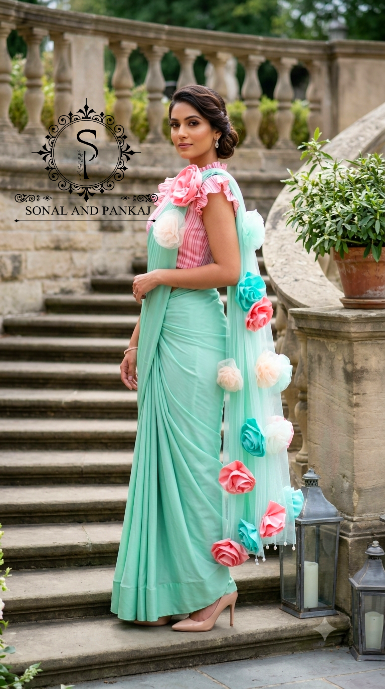 Peach Pleated Blouse With Mint Green Ready To Drape Saree - SA01727