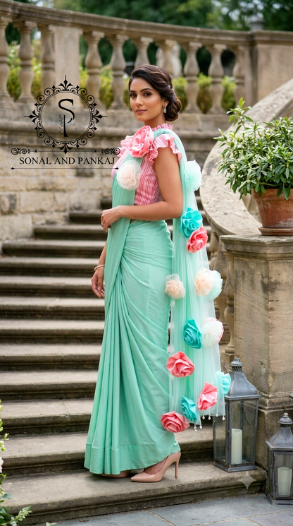 Peach Pleated Blouse With Mint Green Ready To Drape Saree - SA01727