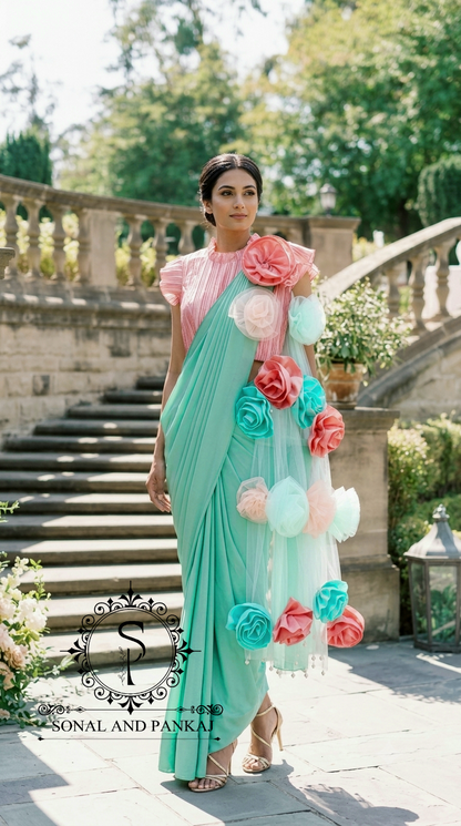 Peach Pleated Blouse With Mint Green Ready To Drape Saree - SA01727