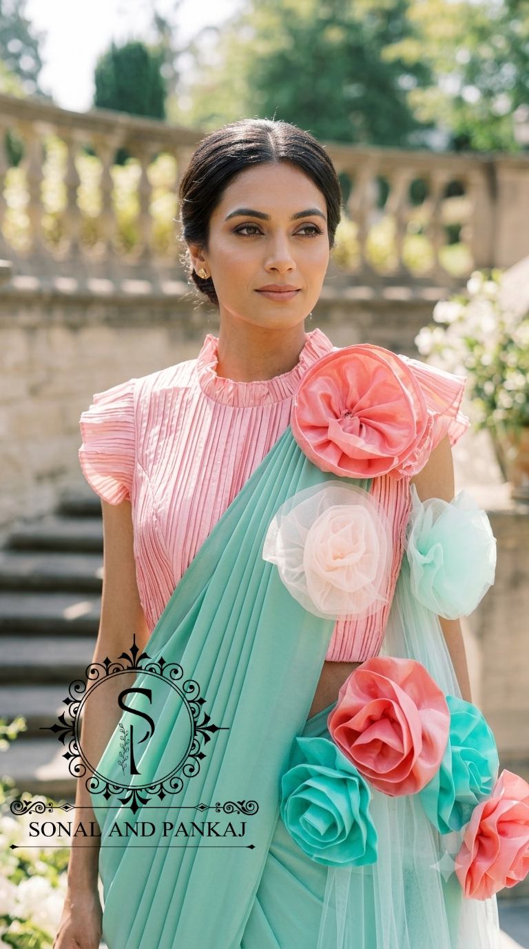 Peach Pleated Blouse With Mint Green Ready To Drape Saree - SA01727
